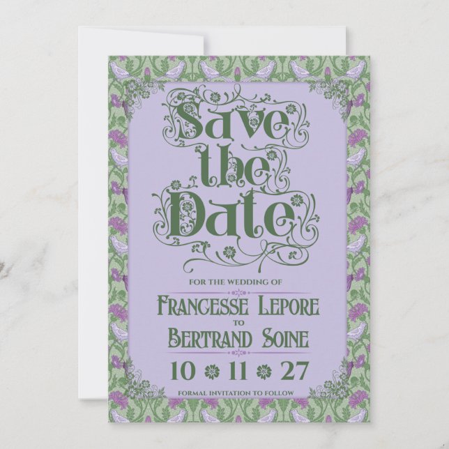 Art Nouveau Eleganta Kärleksfåglar Lavendel Spara Datumet (Framsida)