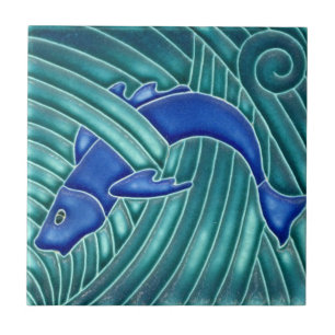 Art Nouveau - Enkel blå fisk Kakelplatta