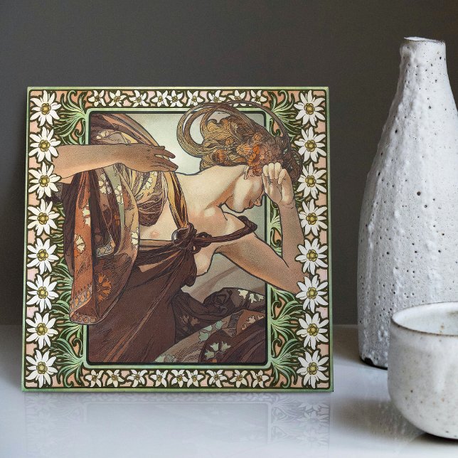 Art nouveau Étoile du Soir Mucha Edelweiss Decor Kakelplatta (Skapare uppladdad)