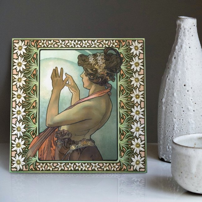 Art nouveau Étoile Polaire Mucha Edelweiss Decor Kakelplatta (Skapare uppladdad)