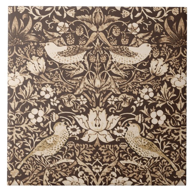 Art nouveau, fågelfauna och blomsterkläder, Mörk B Kakelplatta (Framsidan)