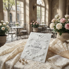 Art Nouveau Falsad Präglad Svane Bröllop Inbjudningar