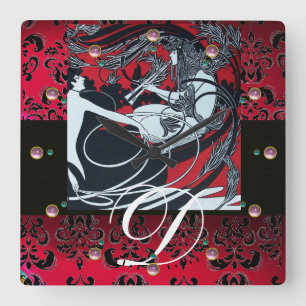 ART NOUVEAU FAUN Red Burgundy, svart Damask Fyrkantig Klocka