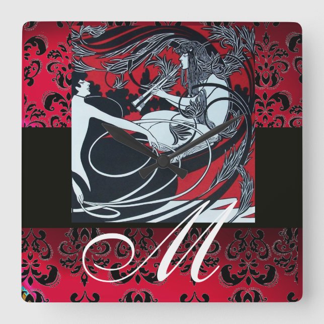 ART NOUVEAU FAUN Red Burgundy, svart Damask Fyrkantig Klocka (Framsida)