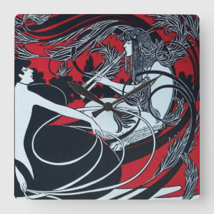 ART NOUVEAU FAUN Red Burgundy, svart,vit Fyrkantig Klocka