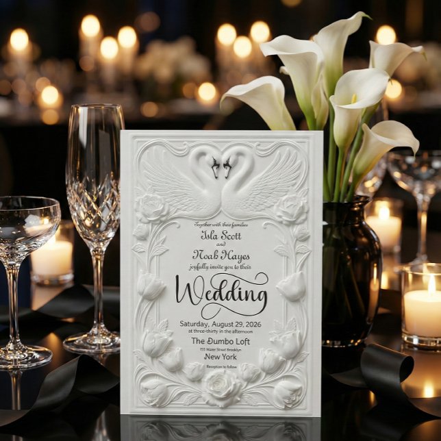 Art Nouveau Faux Embossed Swan Wedding Inbjudningar (Skapare uppladdad)