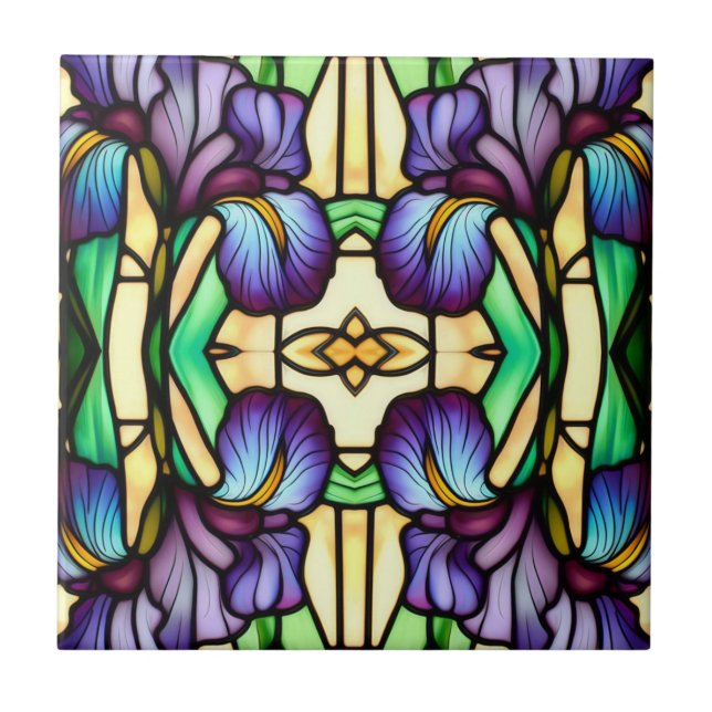 Art nouveau Faux-Lila av glasskiffer Iris Flowers Kakelplatta (Framsidan)