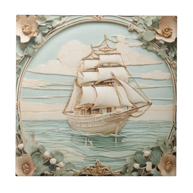 Art nouveau Faux Relief Antique Sailing Ocean Frak Kakelplatta (Framsidan)