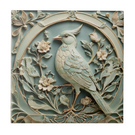 Art nouveau Faux Relief Bird Finare Blommigt Kakelplatta
