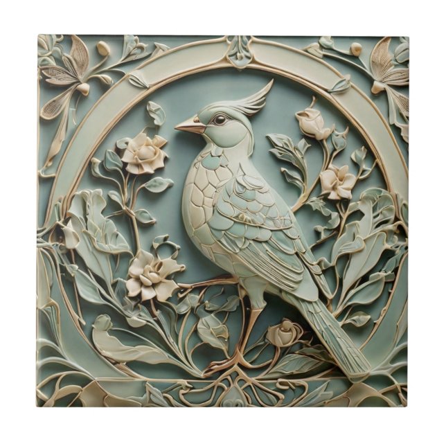 Art nouveau Faux Relief Bird Finare Blommigt Kakelplatta (Framsidan)