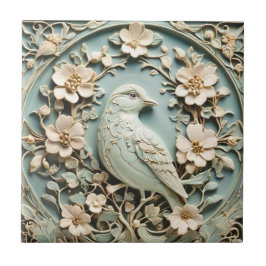 Art nouveau Faux Relief Bird & Vår blommor Mint Kakelplatta