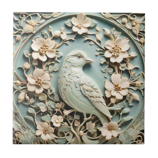 Art nouveau Faux Relief Bird & Vår blommor Mint Kakelplatta (Framsidan)