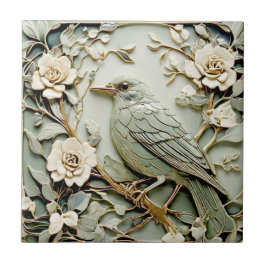 Art nouveau Faux Relief Blackbird Bird Pastel Mint Kakelplatta