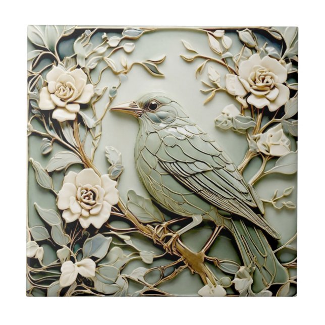 Art nouveau Faux Relief Blackbird Bird Pastel Mint Kakelplatta (Framsidan)