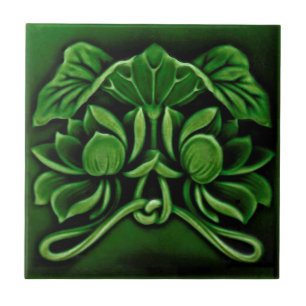 Art nouveau Faux Relief Blommigt Majolica Dk Grön Kakelplatta