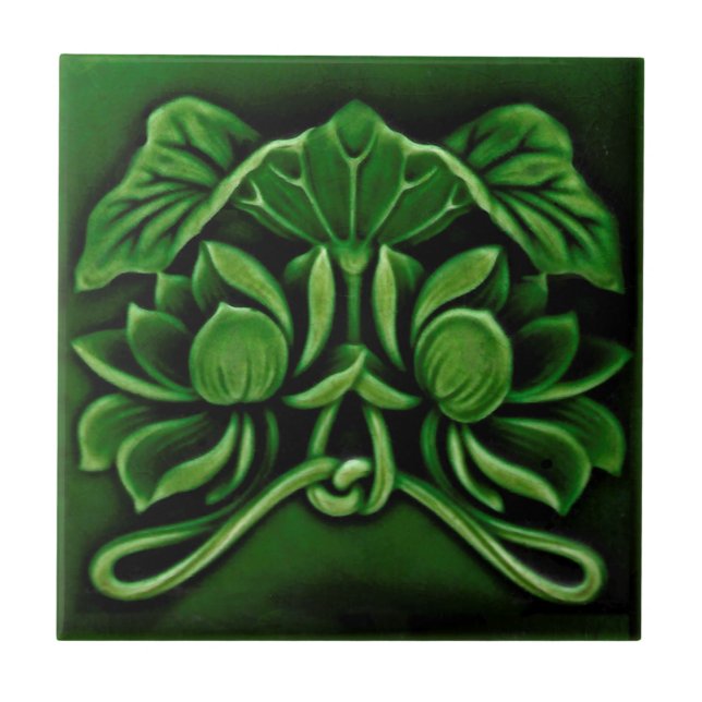 Art nouveau Faux Relief Blommigt Majolica Dk Grönt Kakelplatta (Framsidan)