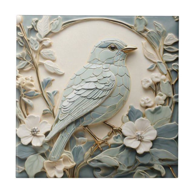 Art nouveau Faux Relief Bluebird Bird Höger Mint Kakelplatta (Framsidan)