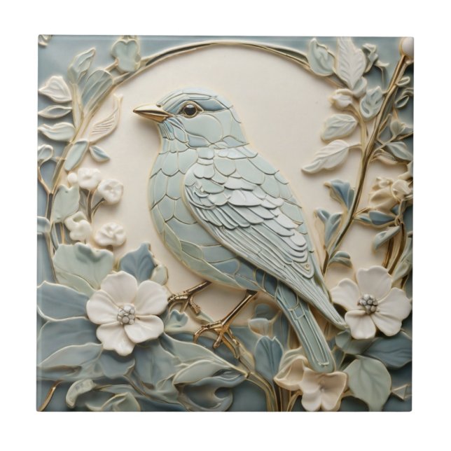 Art nouveau Faux Relief Bluebird Bird Lämnat Mint Kakelplatta (Framsidan)