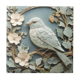 Art nouveau Faux Relief Bluebird Bird Lämnat vänd Kakelplatta