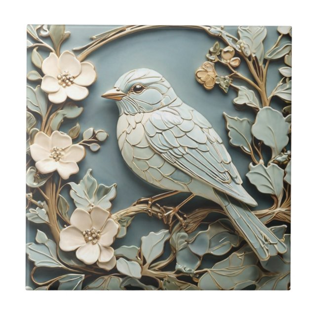 Art nouveau Faux Relief Bluebird Bird Lämnat vänd Kakelplatta (Framsidan)