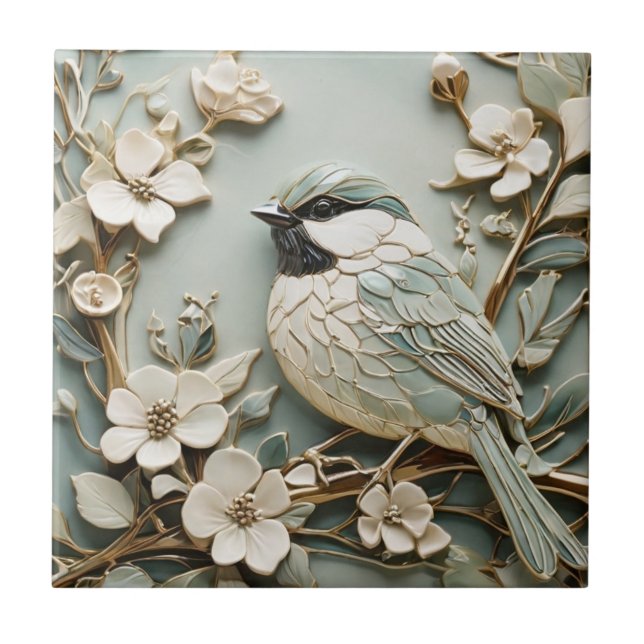 Art nouveau Faux Relief Chickadee Bird Mint Blommi Kakelplatta (Framsidan)