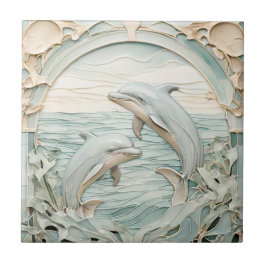 Art nouveau Faux Relief Dolphins Mint Blue & White Kakelplatta
