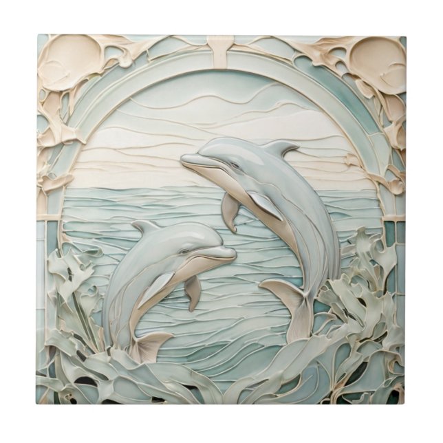 Art nouveau Faux Relief Dolphins Mint Blue & White Kakelplatta (Framsidan)