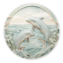 Art nouveau Faux Relief Dolphins Mint Blue & White Knopp
