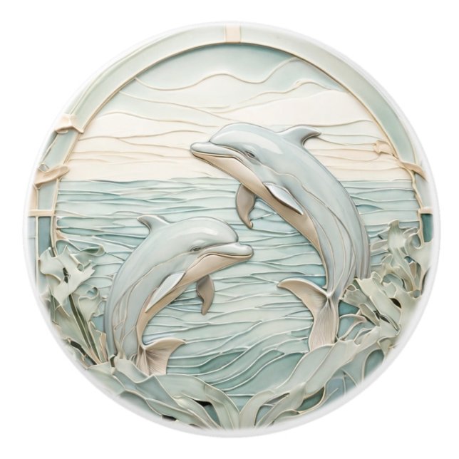 Art nouveau Faux Relief Dolphins Mint Blue & White Knopp (Framsidan)