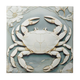 Art nouveau Faux Relief Dusty Blue Ocean Sea Crab Kakelplatta