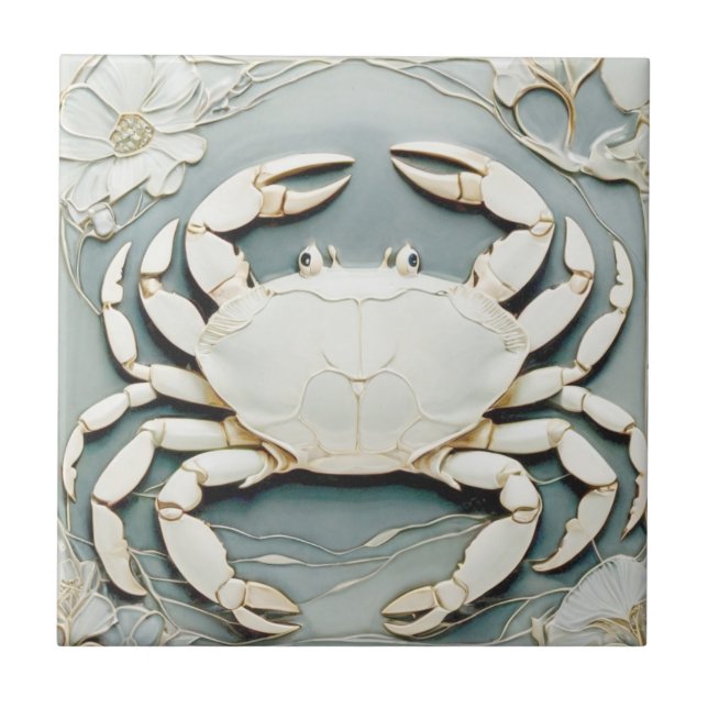 Art nouveau Faux Relief Dusty Blue Ocean Sea Crab Kakelplatta (Framsidan)