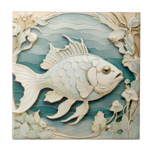 Art nouveau Faux Relief Fish Sea Nautical Höger Kakelplatta