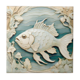 Art nouveau Faux Relief Fish Sea Nautical Kakelplatta