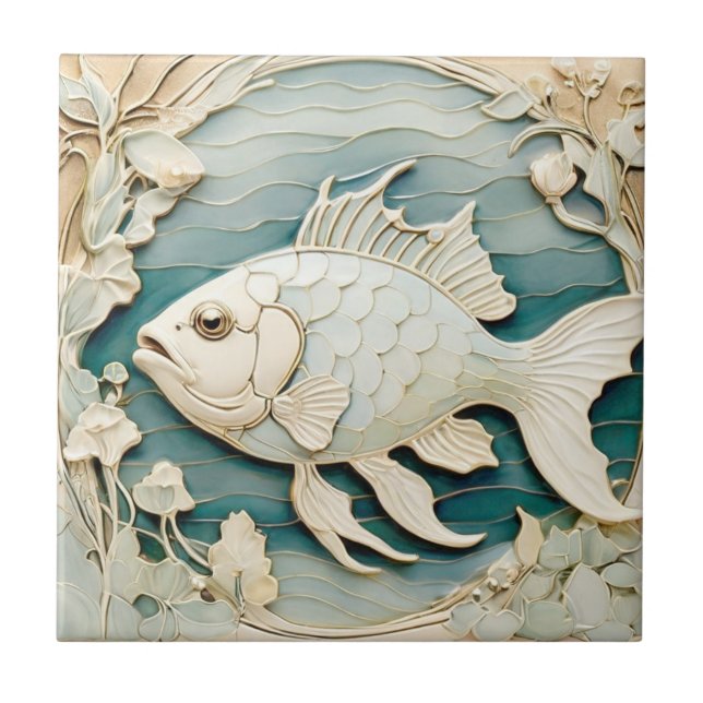 Art nouveau Faux Relief Fish Sea Nautical Kakelplatta (Framsidan)