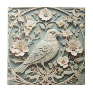 Art nouveau Faux Relief Höger Bird Flowery Mint Kakelplatta