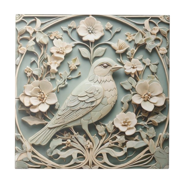 Art nouveau Faux Relief Höger Bird Flowery Mint Kakelplatta (Framsidan)