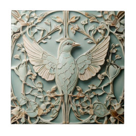 Art nouveau Faux Relief Höger Bird Pastel Mint Kakelplatta