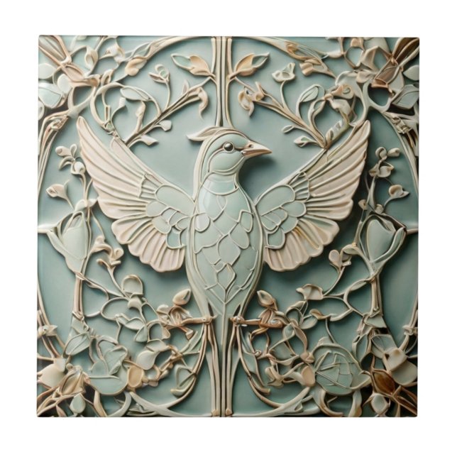 Art nouveau Faux Relief Höger Bird Pastel Mint Kakelplatta (Framsidan)