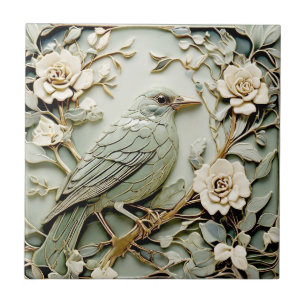 Art nouveau Faux Relief Höger Blackbird Bird Mint Kakelplatta