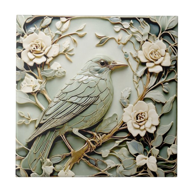 Art nouveau Faux Relief Höger Blackbird Bird Mint Kakelplatta (Framsidan)