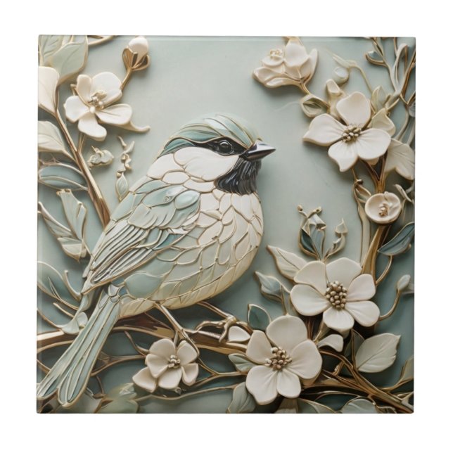 Art nouveau Faux Relief Höger Chickadee Bird Mint Kakelplatta (Framsidan)