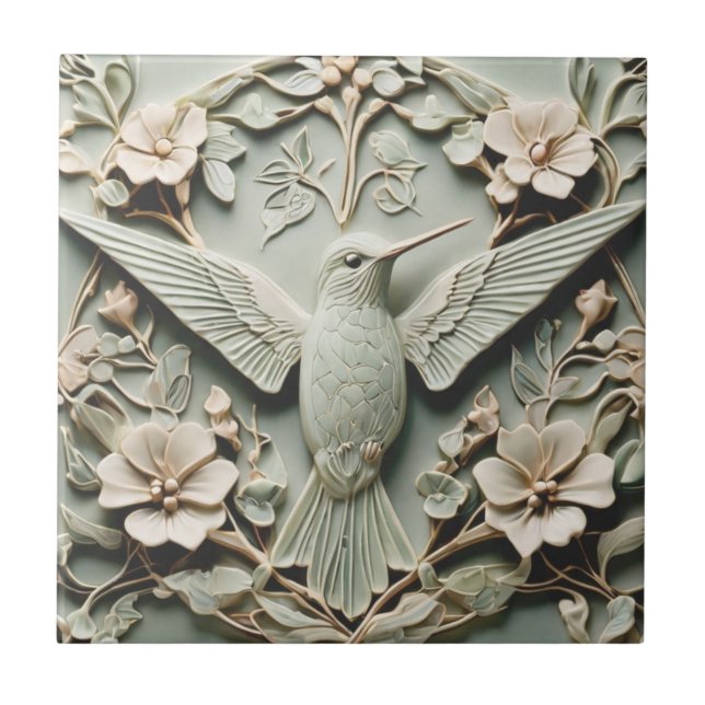 Art nouveau Faux Relief Höger Hummingbird Bird Kakelplatta (Framsidan)
