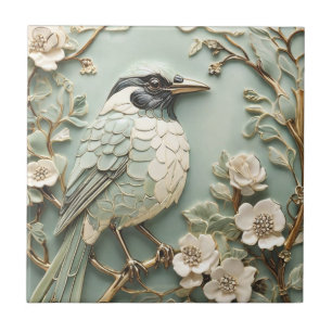 Art nouveau Faux Relief Höger Magpie Bird Mint Kakelplatta