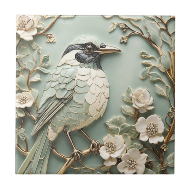 Art nouveau Faux Relief Höger Magpie Bird Mint Kakelplatta (Framsidan)