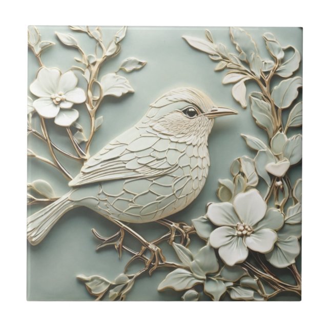 Art nouveau Faux Relief Höger Wren Bird Mint Kakelplatta (Framsidan)