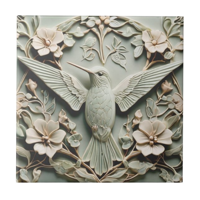 Art nouveau Faux Relief Hummingbird Bird Blommigt Kakelplatta (Framsidan)