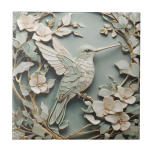 Art nouveau Faux Relief Hummingbird Bird Mint Kakelplatta