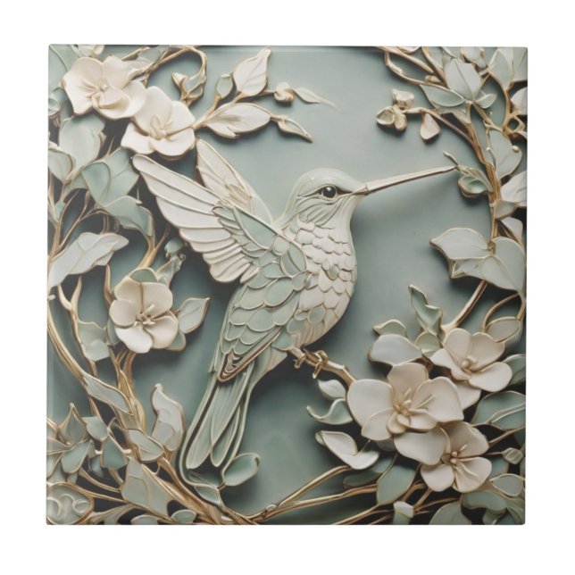 Art nouveau Faux Relief Hummingbird Bird Mint Kakelplatta (Framsidan)