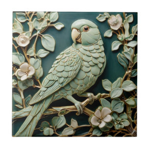 Art nouveau Faux Relief L Parakeet Bird Teal Grönt Kakelplatta