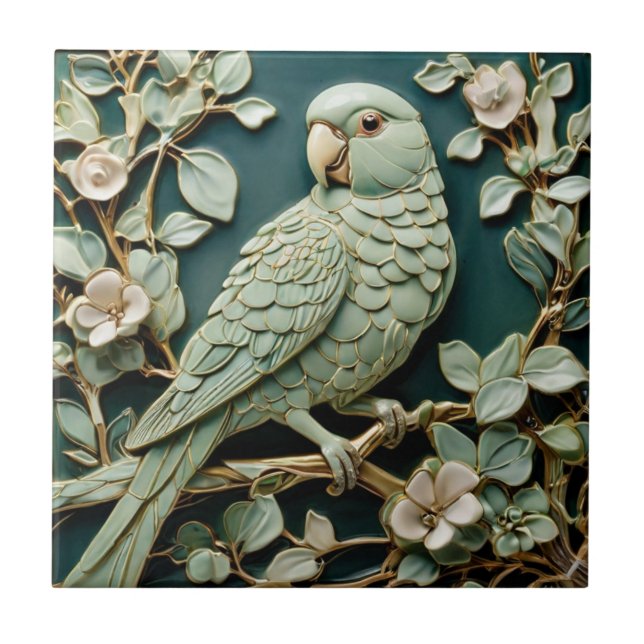 Art nouveau Faux Relief L Parakeet Bird Teal Grönt Kakelplatta (Framsidan)